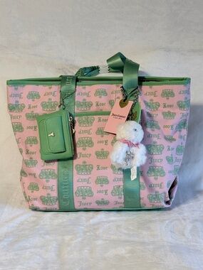 Juicy Couture Pink and Green Logo Tote with Charm and Card Holder